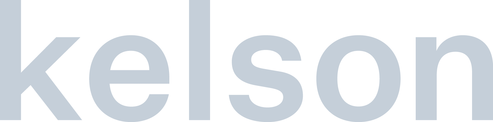 The image displays the word "kelson" in large, light gray lowercase letters on a white background.