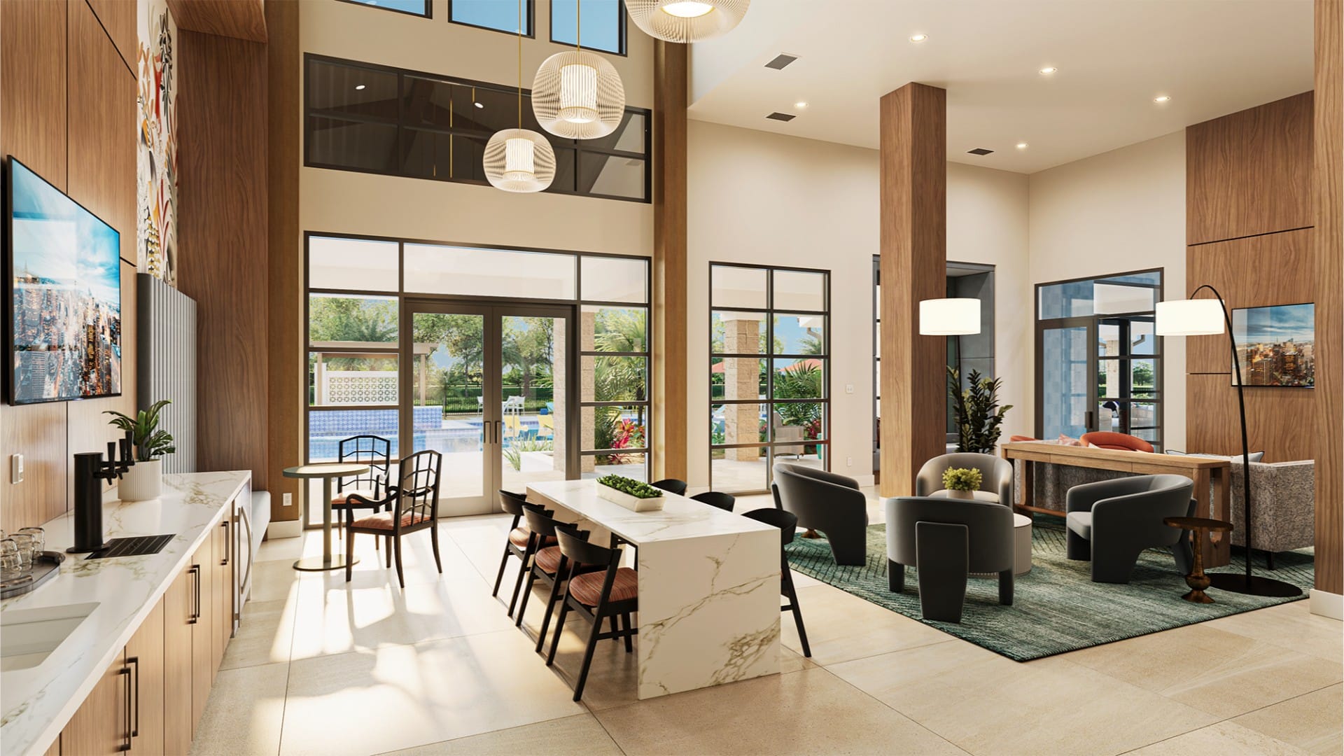 Modern lounge area with large windows, marble countertops, seating areas, pendant lights, wood accents, and a view of a pool and greenery outside.
